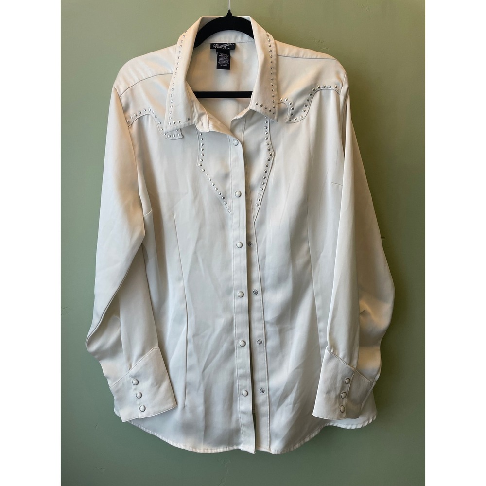 Wrangler Retro Womens XL Cream Studded Western Snap Shirt Satin Long Sleeve Top